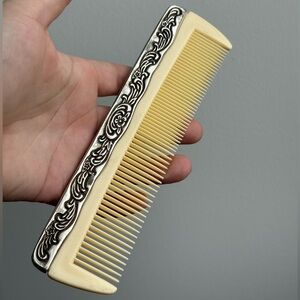 Ornate Vintage Hair Comb Faux Silver and Faux Bone